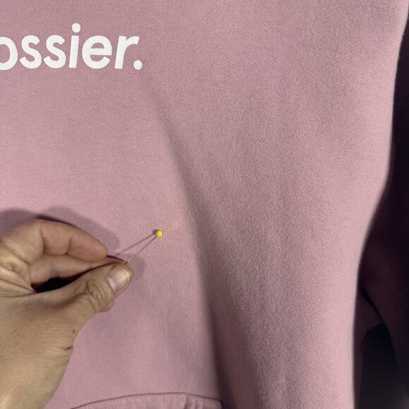 Glossier Pink Logo Hoodie Small Smiley Back Graphic Pullover Sweatshirt - Picture 3 of 8